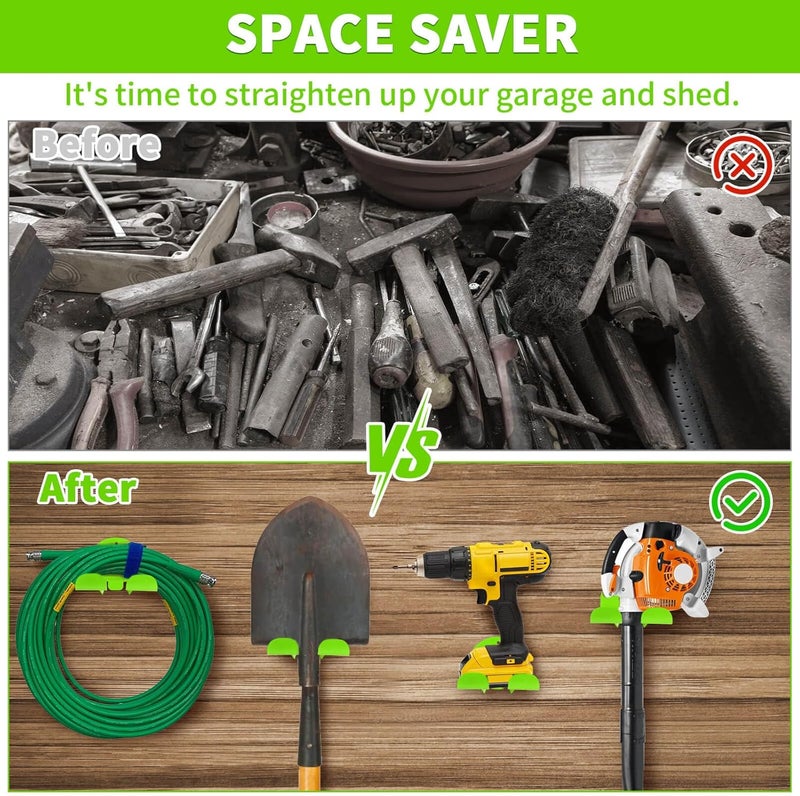 iulrtba Upgraded Trimmer Rack Wall Mount - 8" Heavy Duty Weed Eater Hanger for Garage Wall Bracket, Garden Power Tool Holder Organizer Hooks for Grass Trimmer, Hedge Trimmer, Leaf Blower and Chainsaw, Green - Image 4